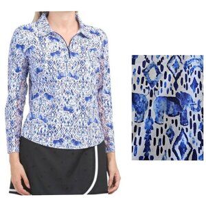 IBKUL Kendra Elephants Long Sleeve Quarter Zip Mock Neck Top L